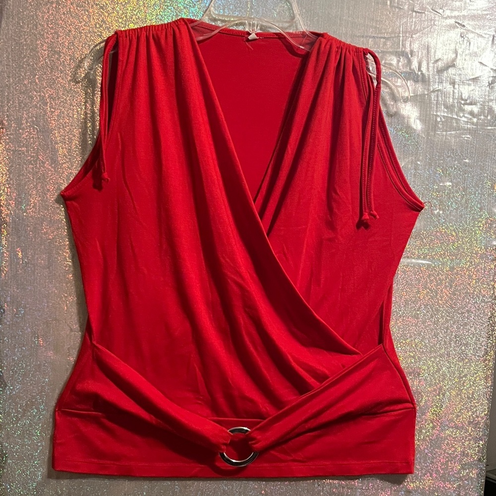 Red Sleeveless Drape Front Blouse with Ring Detail